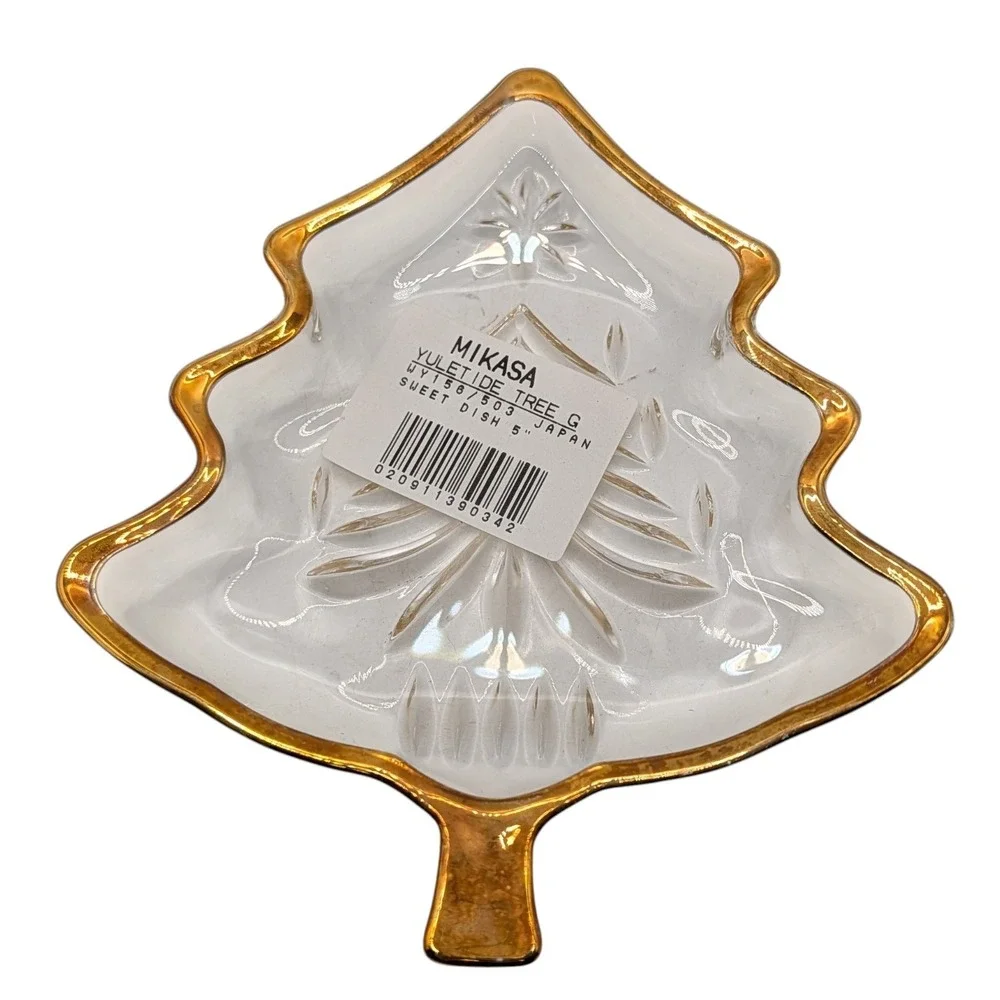 Mikasa‎ Yuletide Christmas Tree Dish Glass Sweet Candy Dish Vintage with Tags